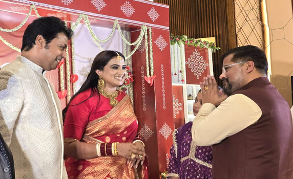 Minister Sushanta Chowdhury greets newly-wed couple MP Biplab Kumar Deb and actress Triveni Rao.